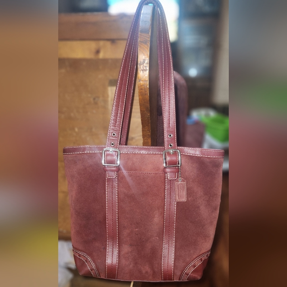 Coach Purse Hampton Suede Tote Bag - Brugundy